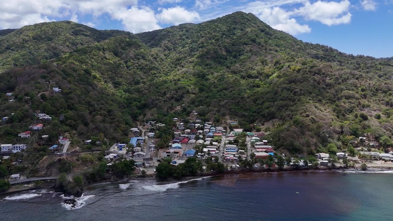 Vista aerea con drone del villaggio di Speyside annidato tra lussureggianti montagne tropicali e il Mar dei Caraibi sull'isola di Tobago. Paesaggio costiero panoramico e architettura tradizionale a Trinidad