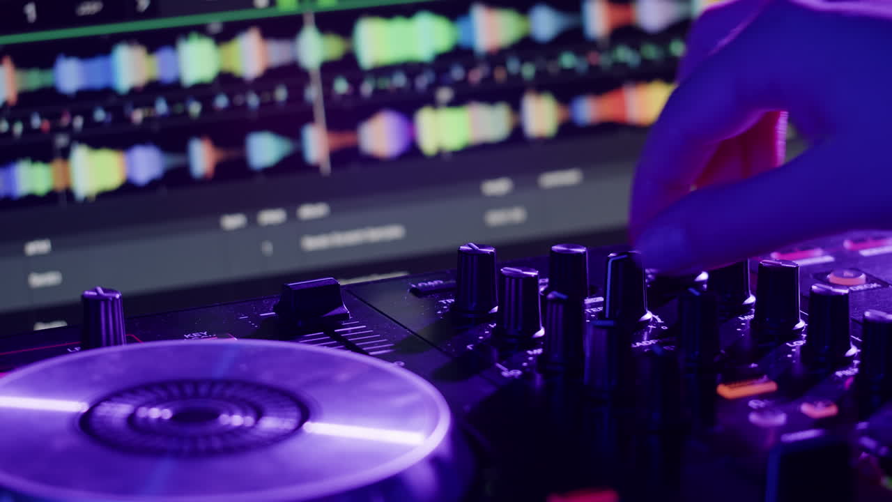 DJ with headphones and sunglasses playing music on festival in night club. Techno musician performing at nightclub for concert crowd of people, city bar.