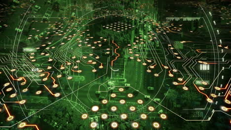 animation of computer circuit board and scope scanning over cityscape