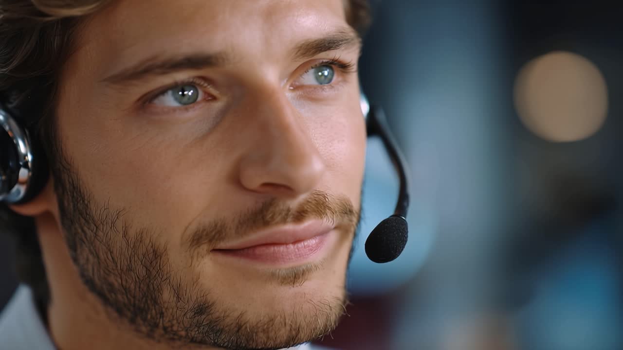 Nærbilde av smilende mannlig operatør med headset. Varmt uttrykk formidler vennlighet og profesjonalitet. Klare øyne antyder en oppmerksom, hjelpsom serviceinnstilling. Ideelt for kundestøtte, telekom.