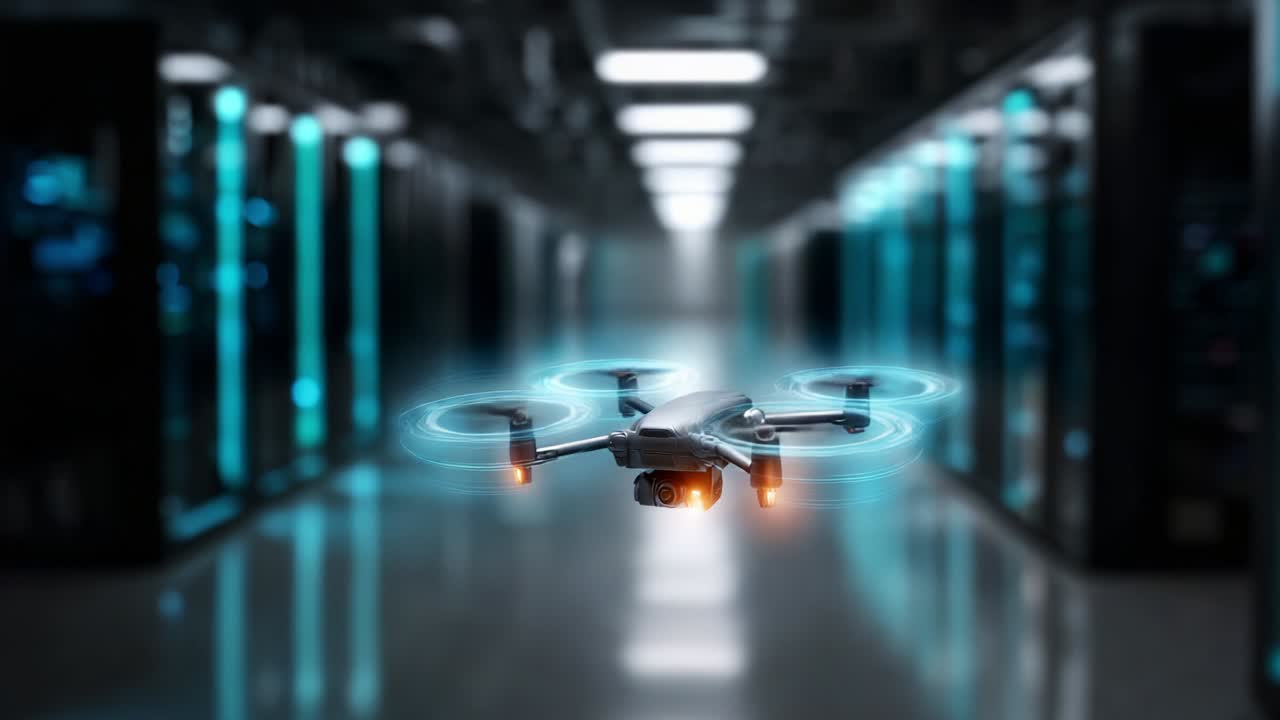 A sleek drone is flying through a modern data center, showcasing a high-tech environment with illuminated server racks in the background, emphasizing innovation and advanced technology in a digital age