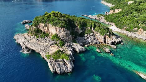 limni beach glyko on corfu island, lush greenery atop rugged cliffs against the ionic sea, aerial view