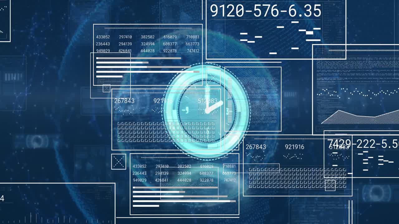 Animation neon ticking clock and interfaces with data processing over globe on blue background