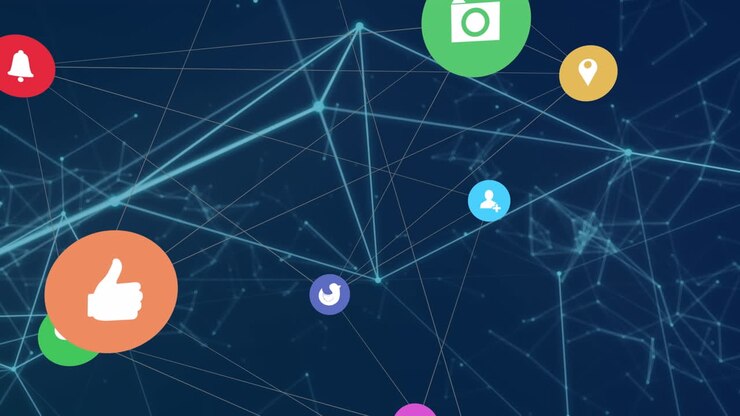 rede de ícones digitais e rede brilhante de conexões contra fundo azul