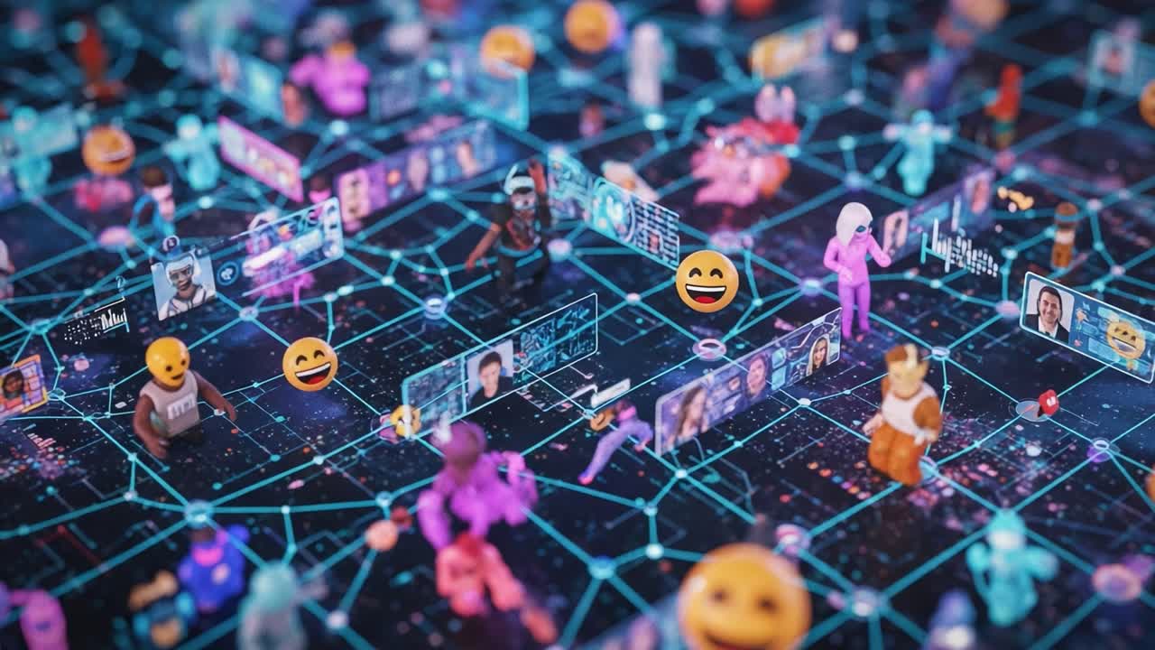 Exploring the Digital Landscape: A Vibrant Network of Avatars, Emoticons, and Social Interactions Representing a Dynamic Online Community