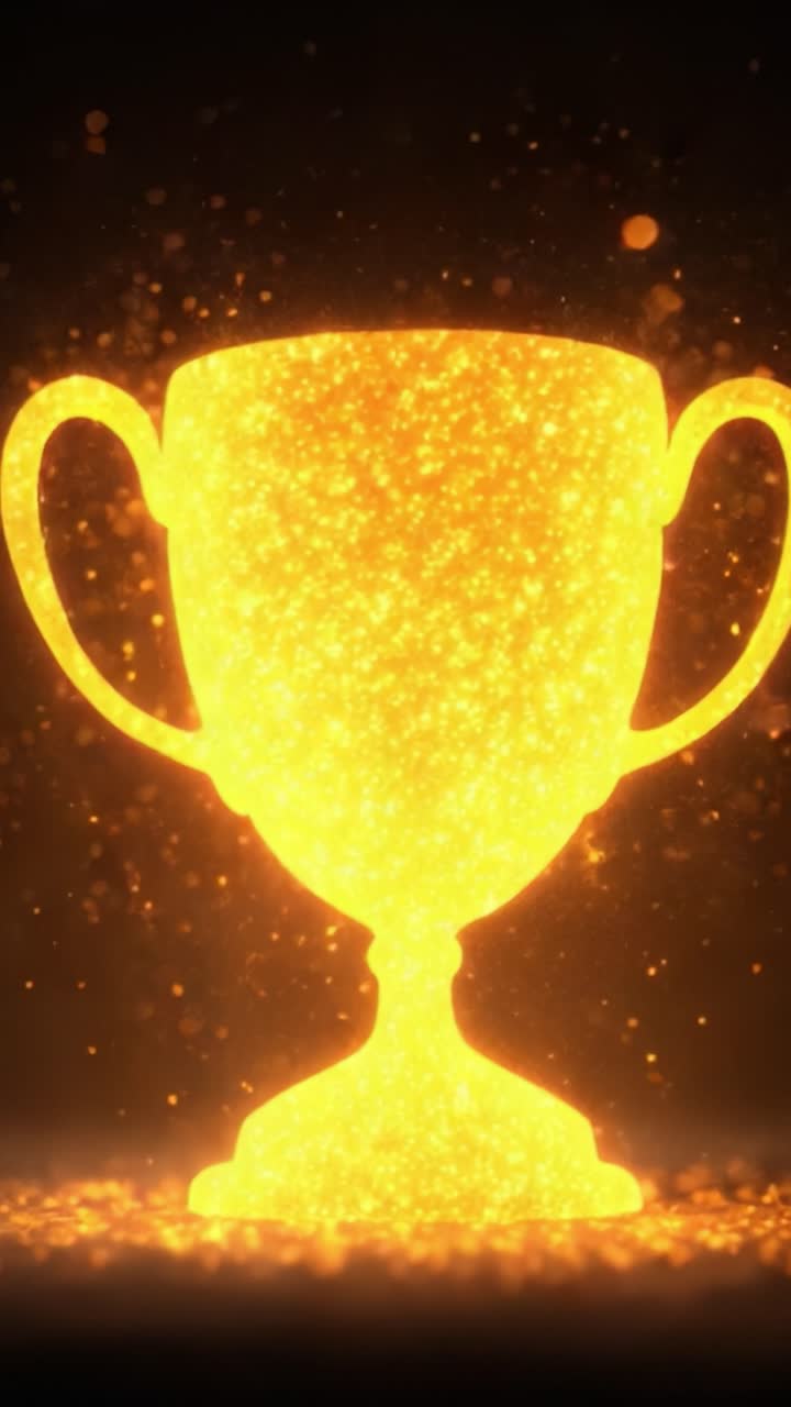 Un Trofeo Scintillante Illuminato da Particelle Scintillanti, che Simboleggia Successo e Realizzazione in un'Ambientazione Magica con un Radioso Bagliore Dorato