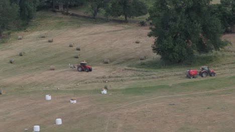 Filmando-Drones-De-167-Mm-Y-En-Camara-Lenta-Algunos-Prados-Que-Estan-Siendo-Cosechados-Por-Maquinaria-Agricola,-Un-Tractor-Alinea-El-Heno-Y-Otro-Hace-Alpacas-Con-Una-Empacadora,-Aparecen-Ciguenas-Comiendo