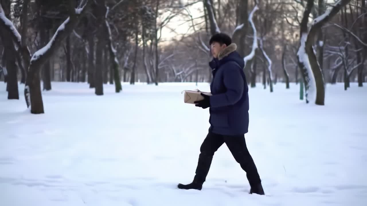A solitary figure walks through a serene snowy landscape, carrying a package while surrounded by trees, capturing the essence of winter's quiet beauty and contemplation
