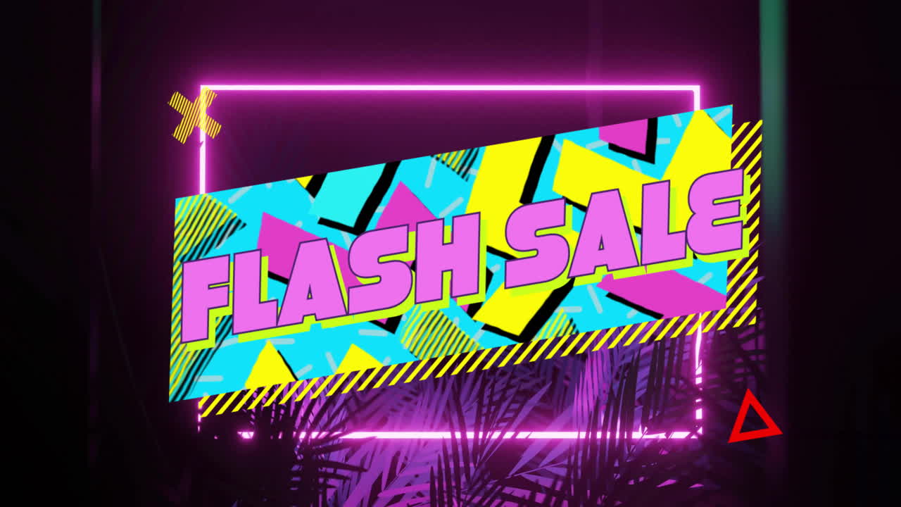 Vibrant geometric patterns with neon lights and palm leaves for flash sale animation