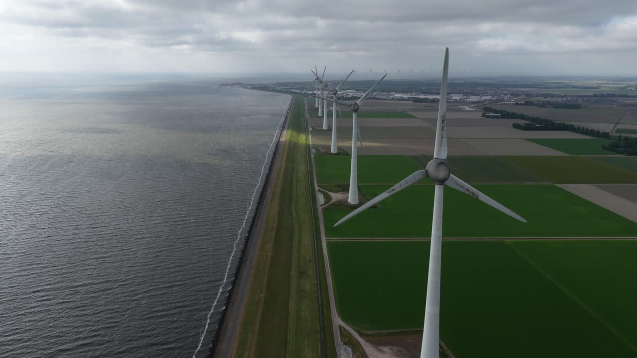 energy from the wind along the ijselmeer, markermeer, clean energy, energy transistion. Renewable energy resources. wind turbines. Aerial drone view.