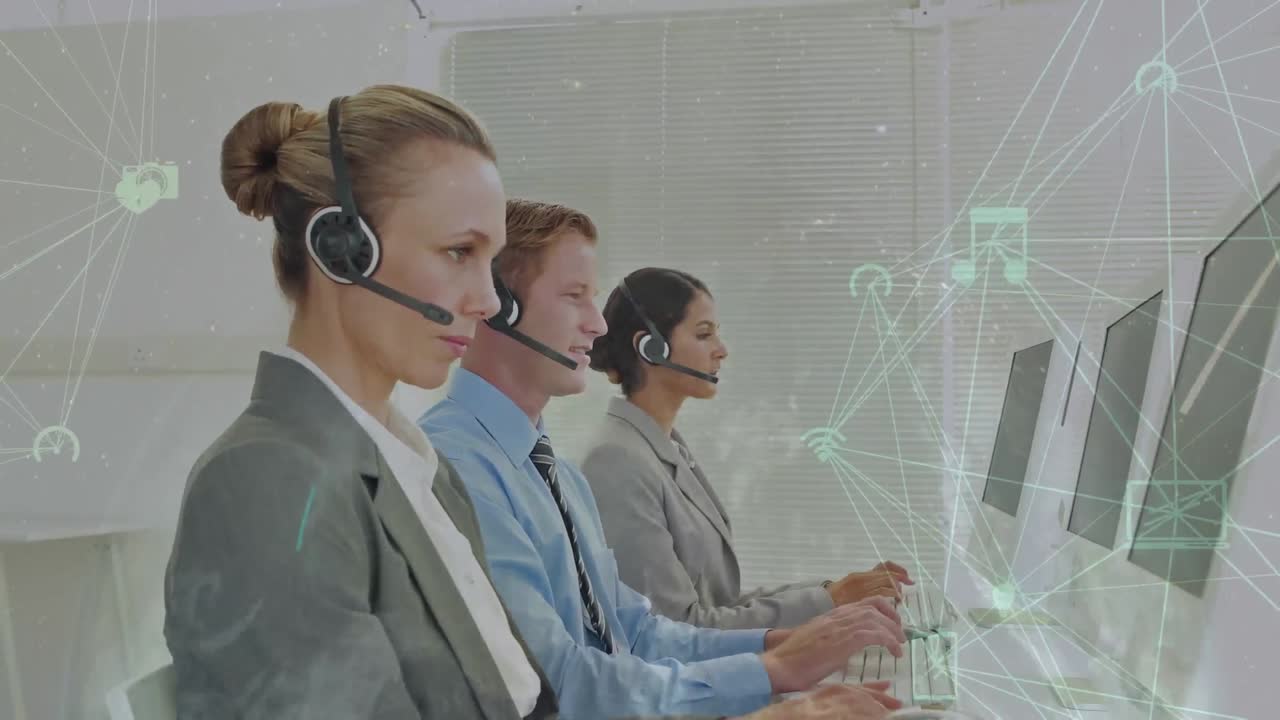 전화 헤드 ⁇ 을 사용하는 비즈니스 사람들에 대한 아이콘과 연결 네트워크의 애니메이션