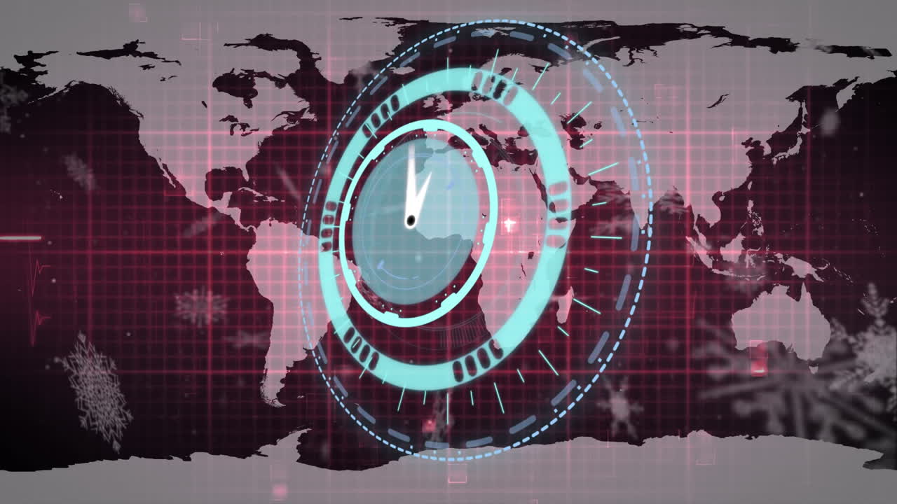 Animation of clock and heart rate monitor over world map