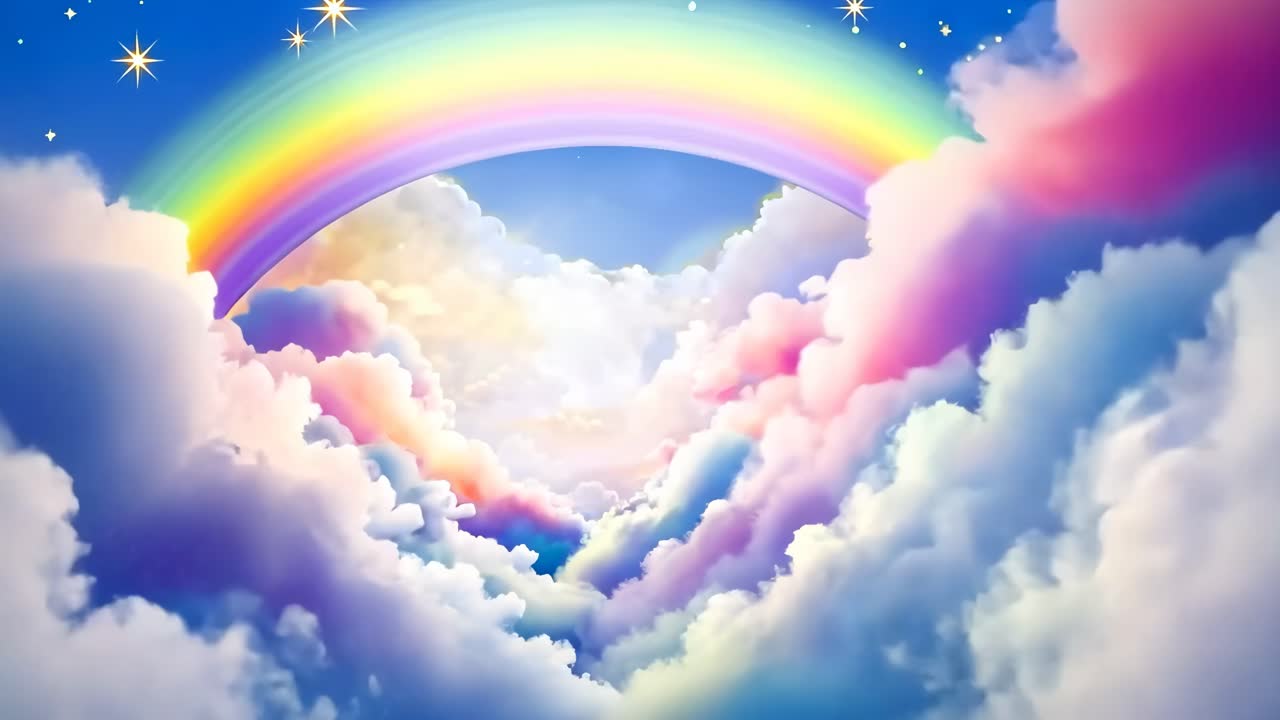 Whimsical video scene of a vibrant rainbow arching over fluffy clouds, captured from a low angle