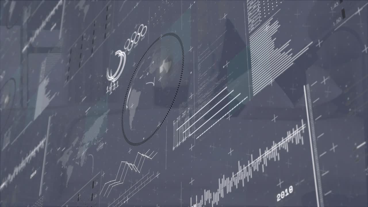 Dotted circular overlay fading focusing on South America as graphs draw, bars pulse, panels retract