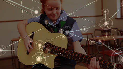 animation of network of connections over over caucasian girl playing guitar at school