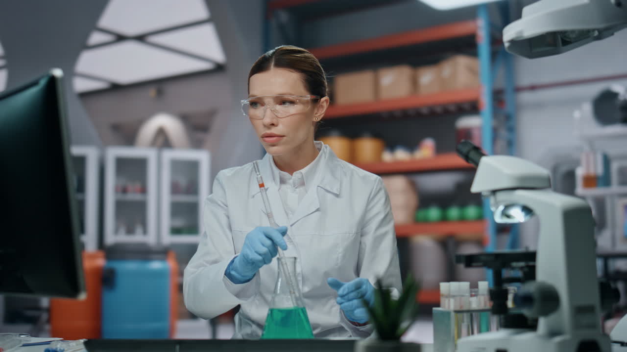 Primo piano di una scienziata che sperimenta un campione di farmaco in una fiaschetta in laboratorio medico.
