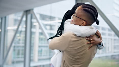 airport, running and couple hug for reunion