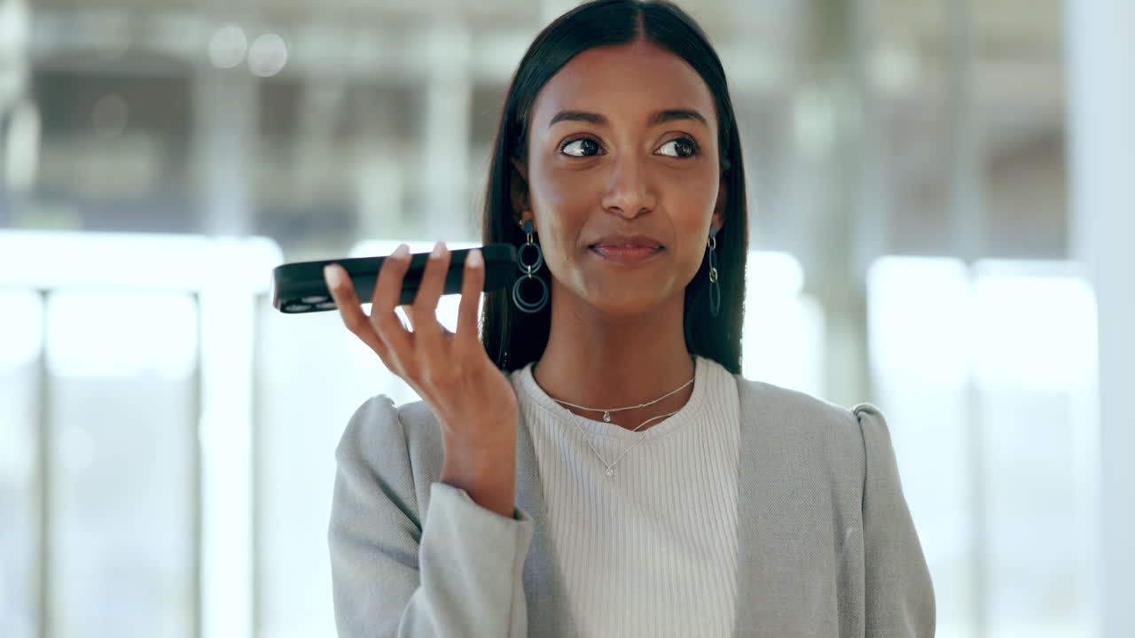 Business woman, talking and smartphone speaker