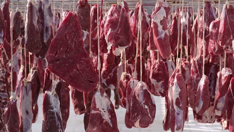 raw meat hanging in a large refrigerator