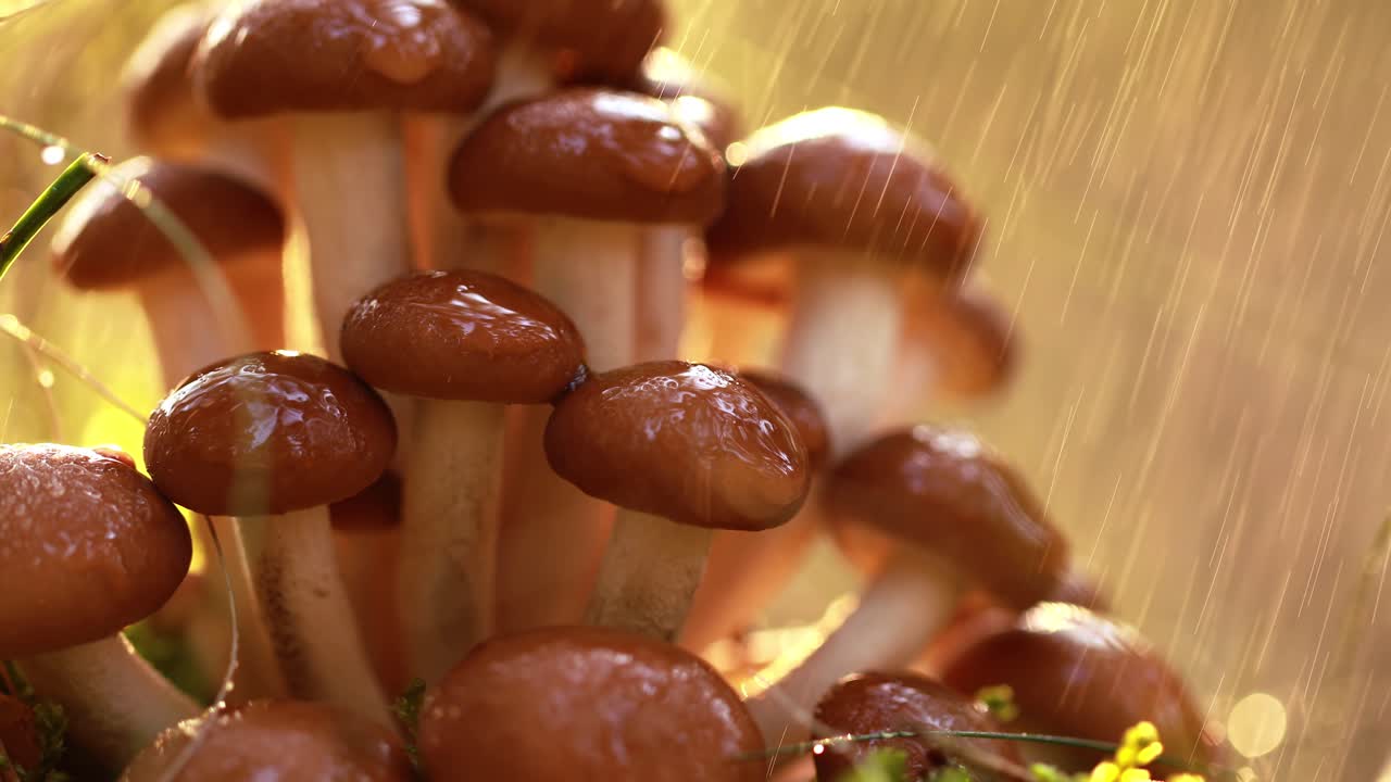 비가 오는  ⁇ 빛이 비는 숲에서  ⁇ 의 아가릭의 armillaria 버섯.