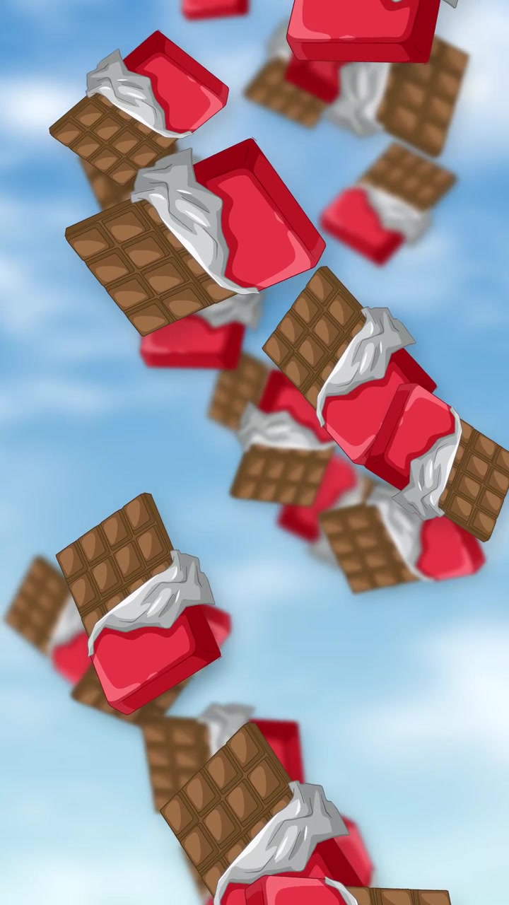 Barrette di cioccolato stilizzate e torte alla crema rosse cadono continuamente su uno sfondo di cielo azzurro brillante e nuvoloso