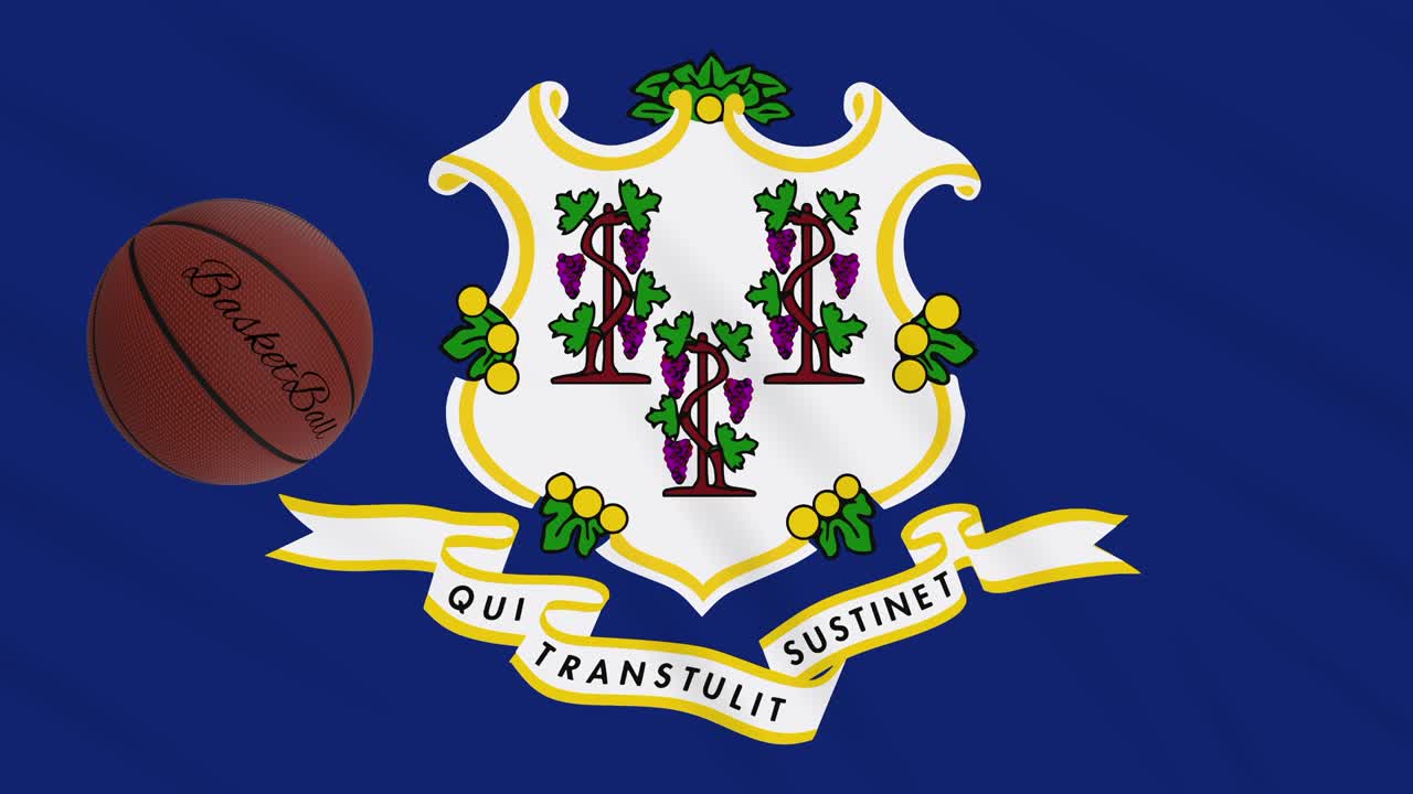 Bandiera del Connecticut che sventola e palla da basket che ruota, in loop