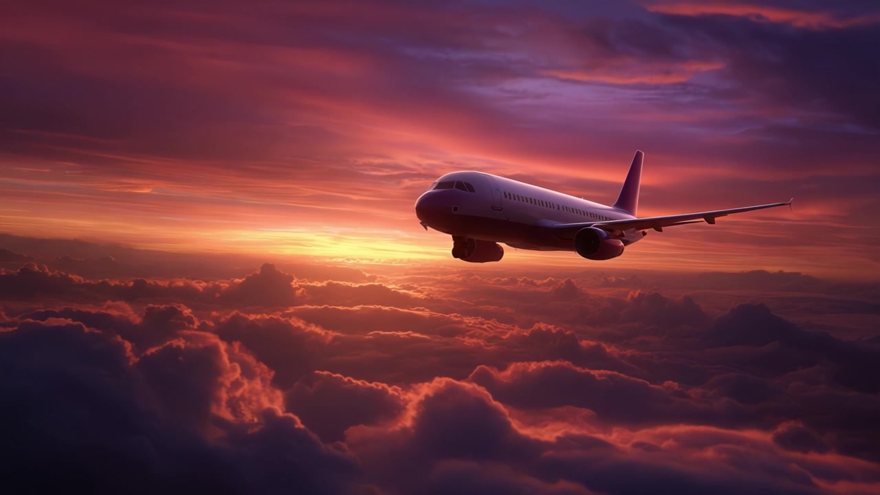Majestic Airplane Flying Through Breathtaking Sunset Over Fluffy Clouds, Showcasing the Beauty of Air Travel and Nature's Stunning Color Palette in the Sky