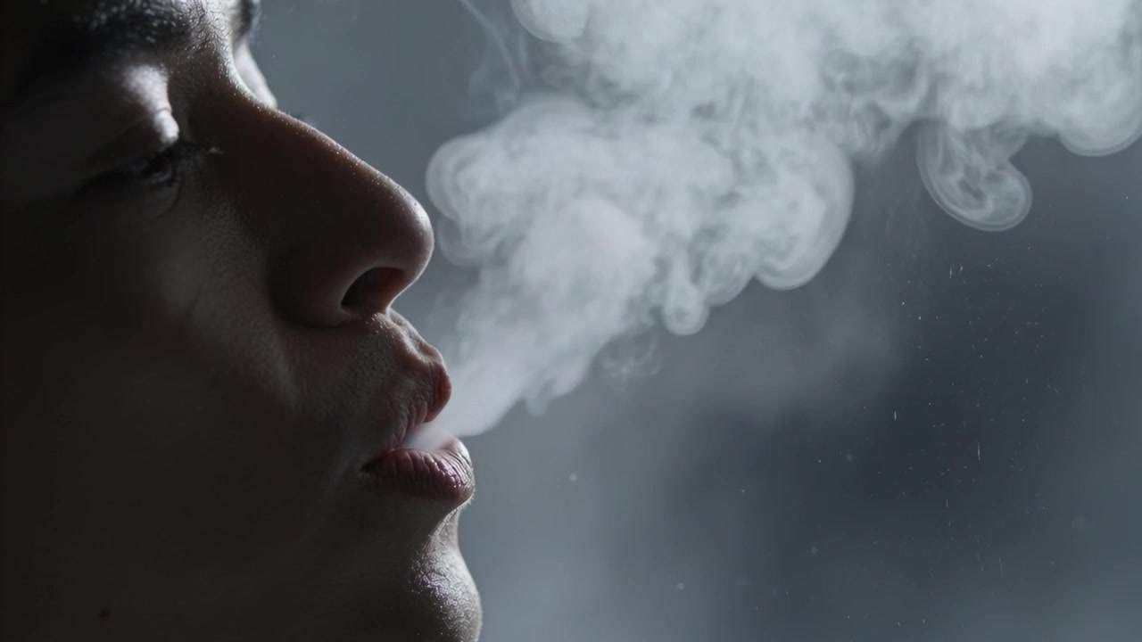 Début d'expiration, un homme adulte formant un anneau de fumée en studio sous un éclairage de contour, avec espace pour le texte.