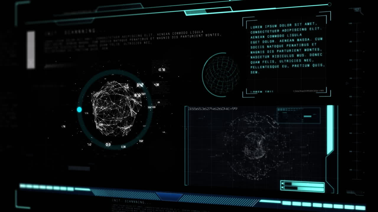 Animation of data processing and globe on black background