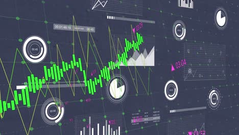 Animation-of-statistics-and-financial-data-processing-over-grey-background