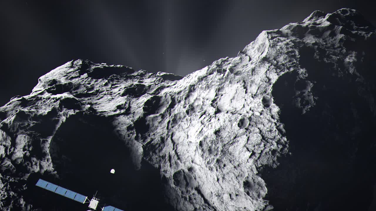 plano medio del cometa 67p cuando la nave espacial rosetta se acerca y el módulo de aterrizaje philae se separa