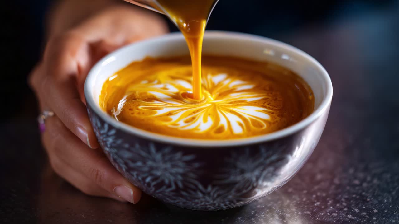 Artful Creation of Coffee Latte Foam Design in a Bowl, Showcasing a Flow of Golden Syrup Being Poured for Stunning Visual Appeal