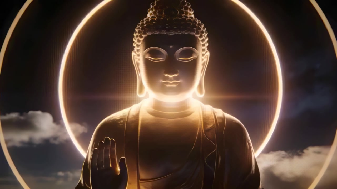 Tượng Phật phát sáng đang bừng sáng với vầng hào quang nhấp nháy vào lúc hoàng hôn, lóe sáng ống kính cắt ngang ngực, tay giơ lên.