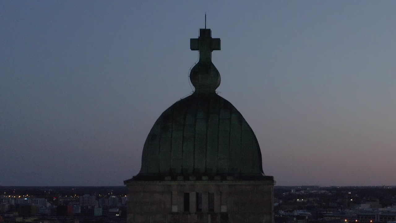 Drone shot of high church dome with orthodox cross symbols. Religion Christian cross. Pedestal up