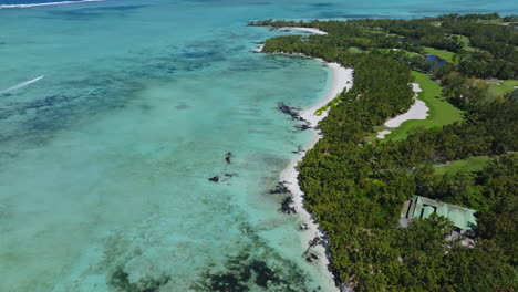 Aerial-drone-view-of-Ile-Aux-Cerfs,-Flacq,-Mauritius-island,-Indian-Ocean