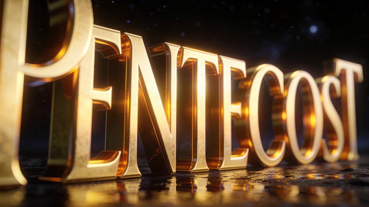 Telecamera che si allontana, con una luce che si diffonde rivelando la scritta 3D PENTECOST dorata su un pavimento riflettente con scintille.
