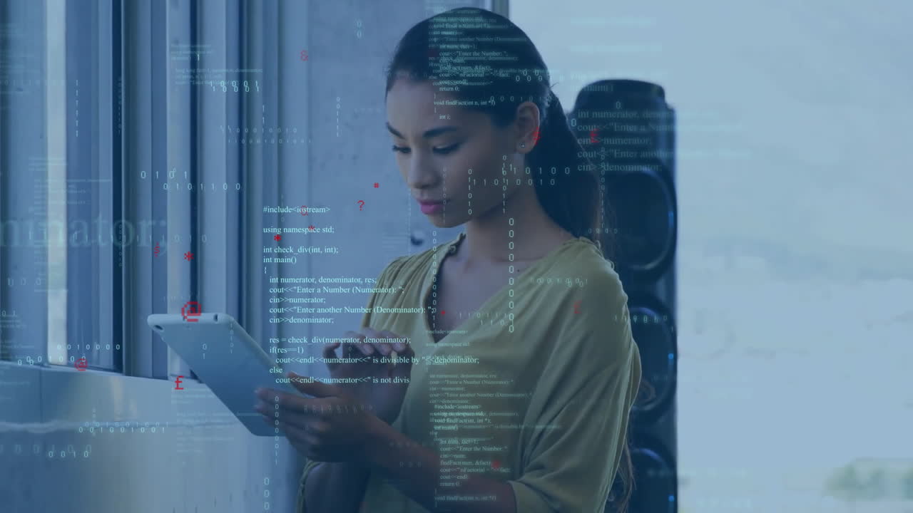 Animation of programming language over confident biracial businesswoman using tablet in office