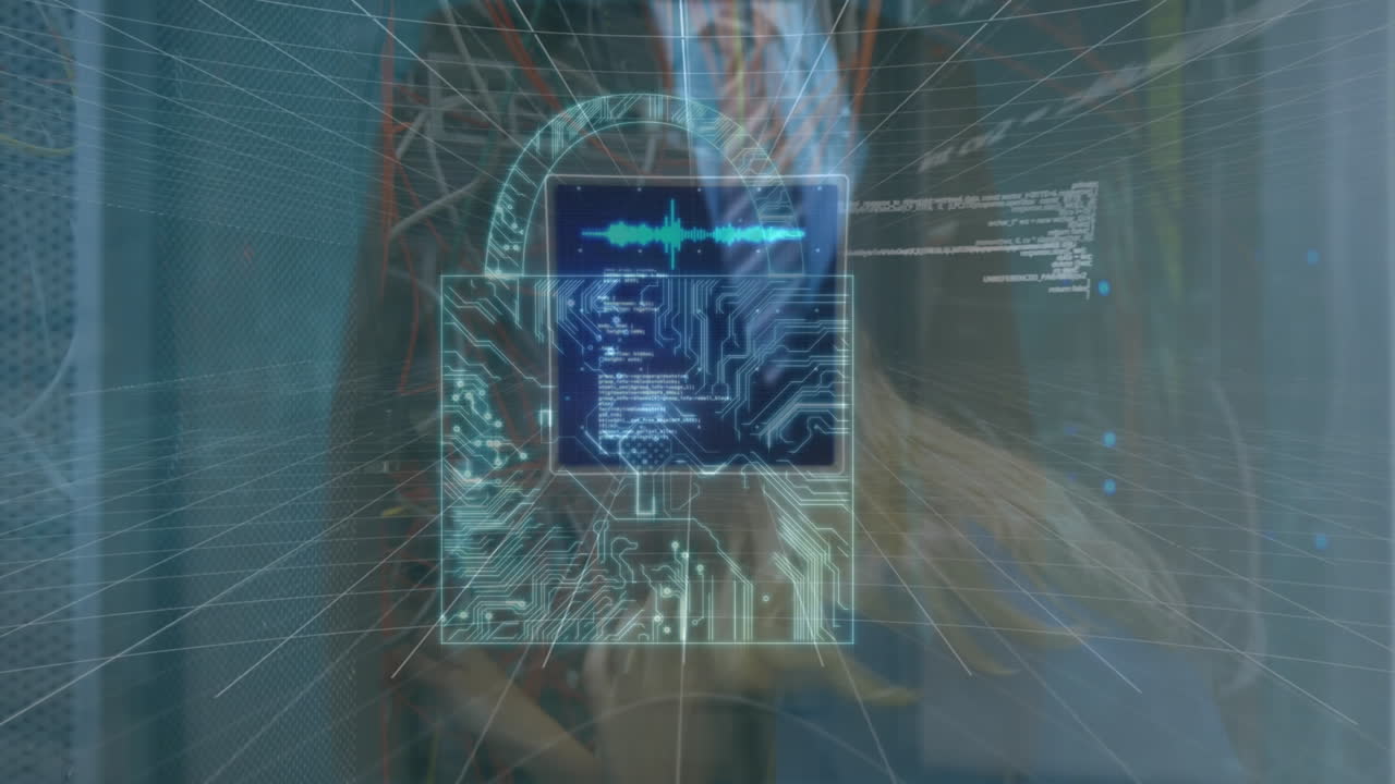 animación de procesamiento de datos y hombre de negocios sobre trabajadora caucásica en la sala de servidores