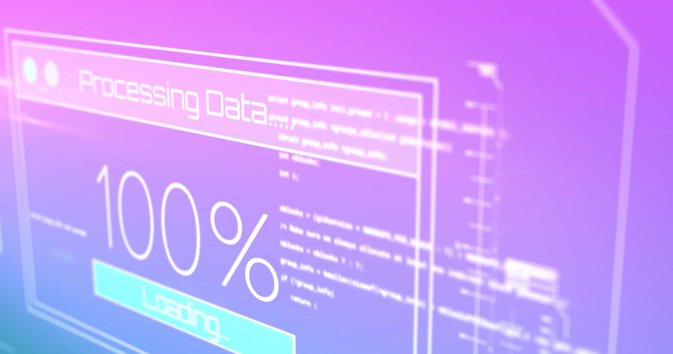 Animation of interface with data processing against purple gradient background