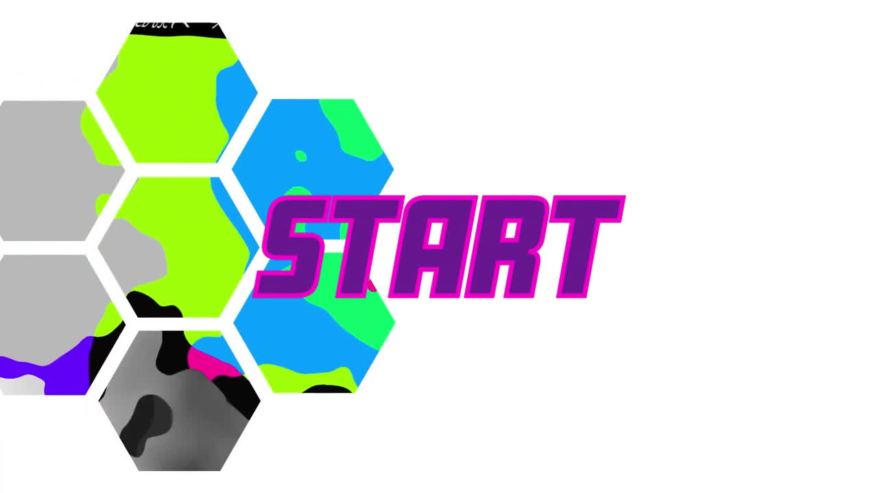 animación del texto de inicio sobre formas de colores sobre fondo blanco