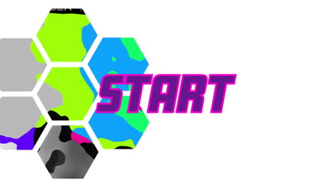 animation of start text over colourful shapes on white background