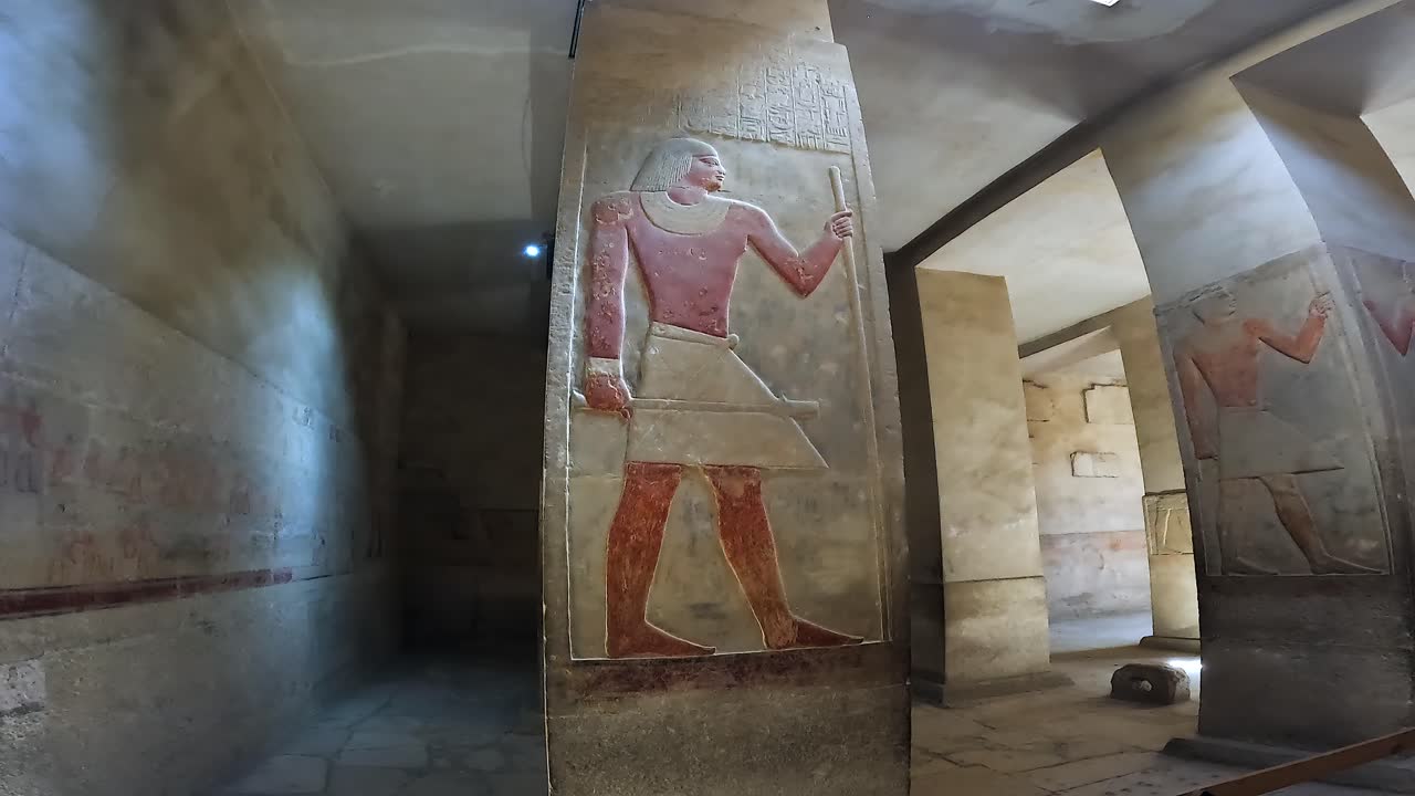 Tilt up stone relief of nobleman Mereruka on pillar in Egyptian tomb