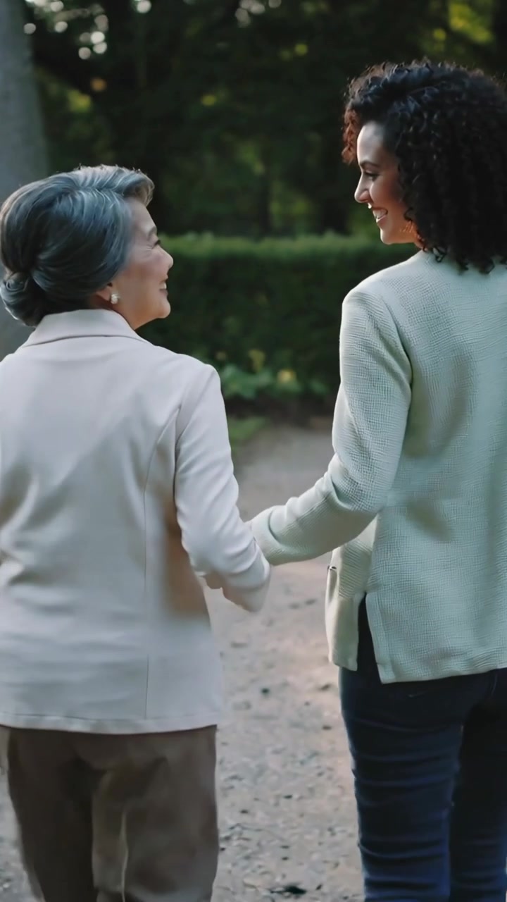 Video vertical: Dos mujeres caminando de la mano en un parque, cámara detrás mostrando chaquetas y hablando.