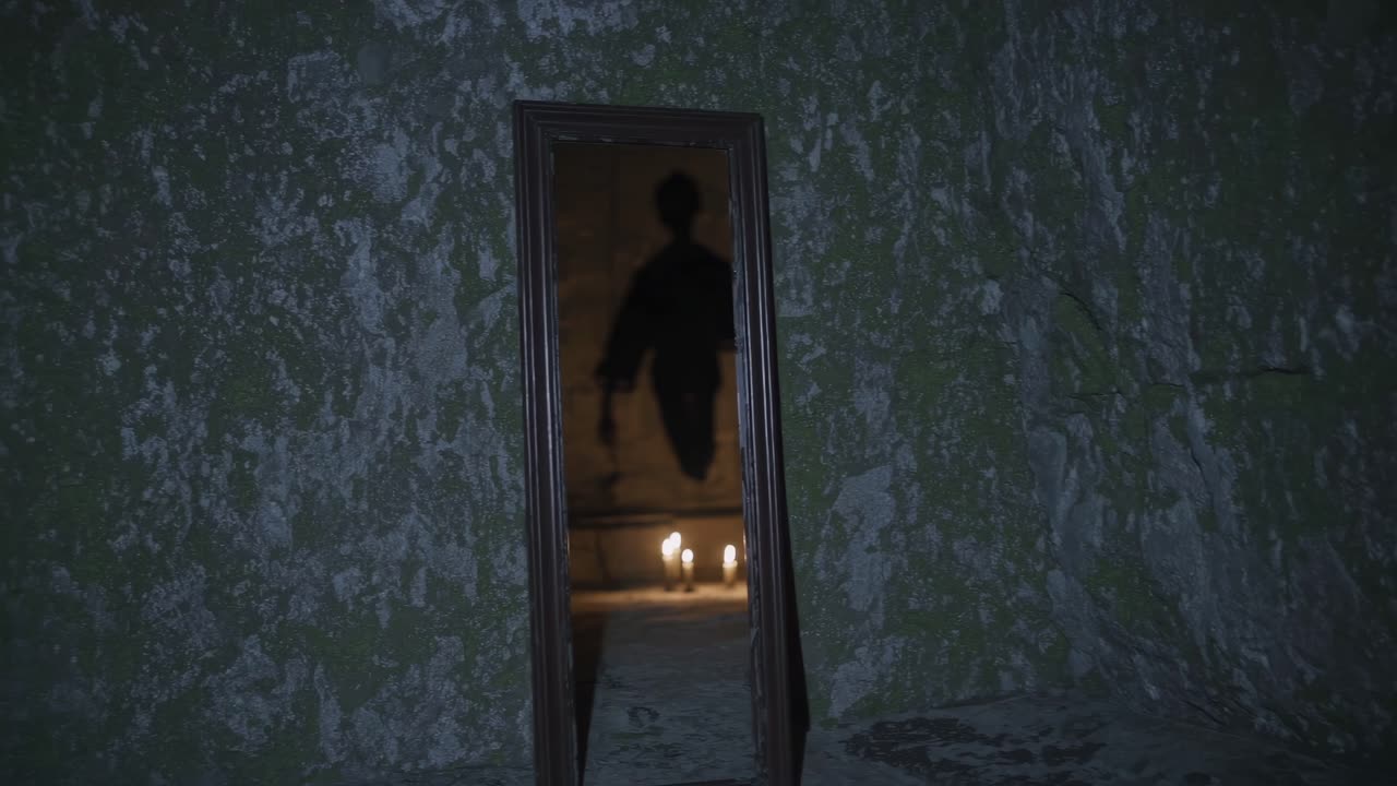 Dark haunted room with mirror reflection and shadow