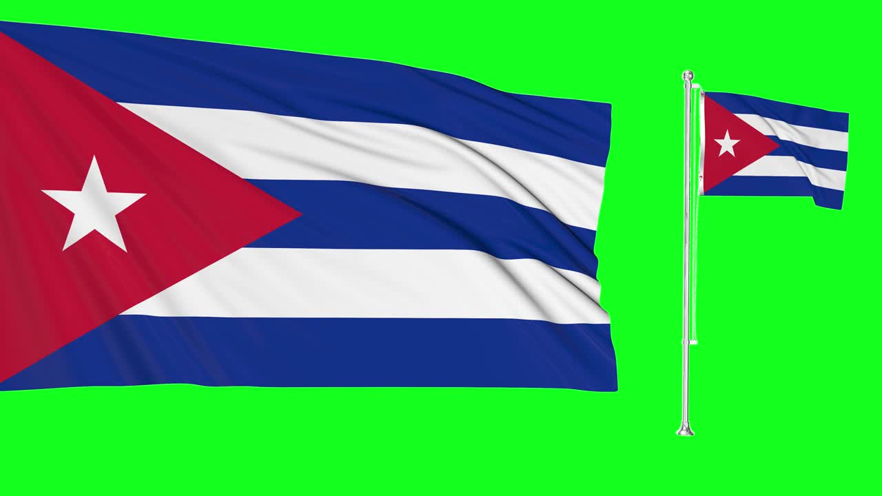 Green screen Cuba, due bandiere cubane che sventolano al vento sull'asta, con texture del tessuto altamente dettagliata, animazione 4K chroma key.