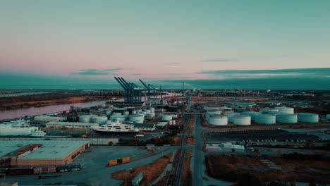 rising aerial of savannah’s harbor: cranes, containers, and maritime commerce in georgia