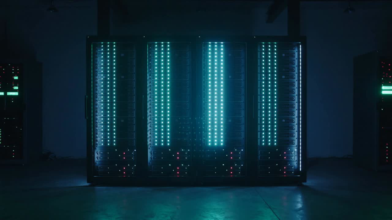 Powering server cabinet LEDs pulsing on four vertical arrays in dim room, red lights