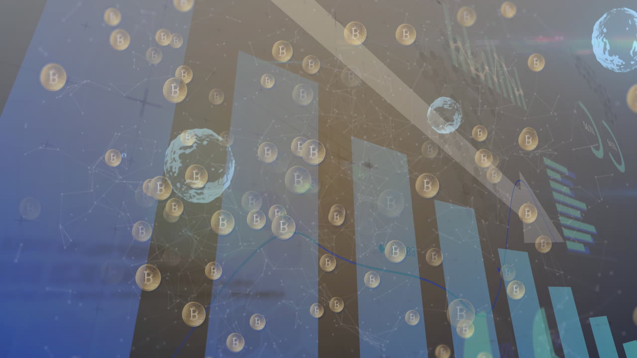 통계 기록 위에 떠있는 비트코인의 애니메이션과 아래를 가리키는 화살표