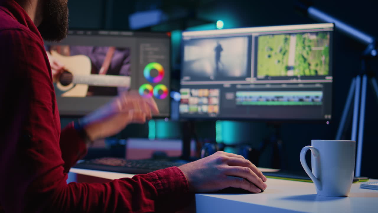 Video editor arranging recorded stock clips into seamless whole in creative multimedia agency