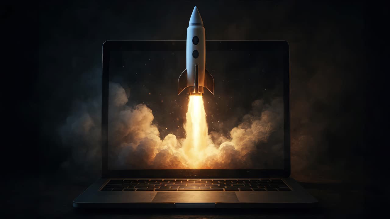 A dynamic video concept of a rocket launching from a laptop screen